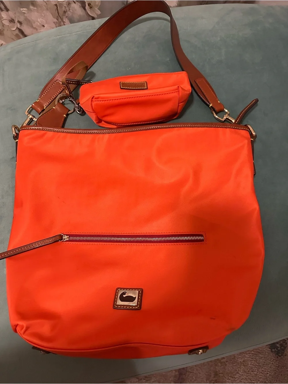 Dooney & Bourke Orange Nylon Hobo with Brown Leather Trim